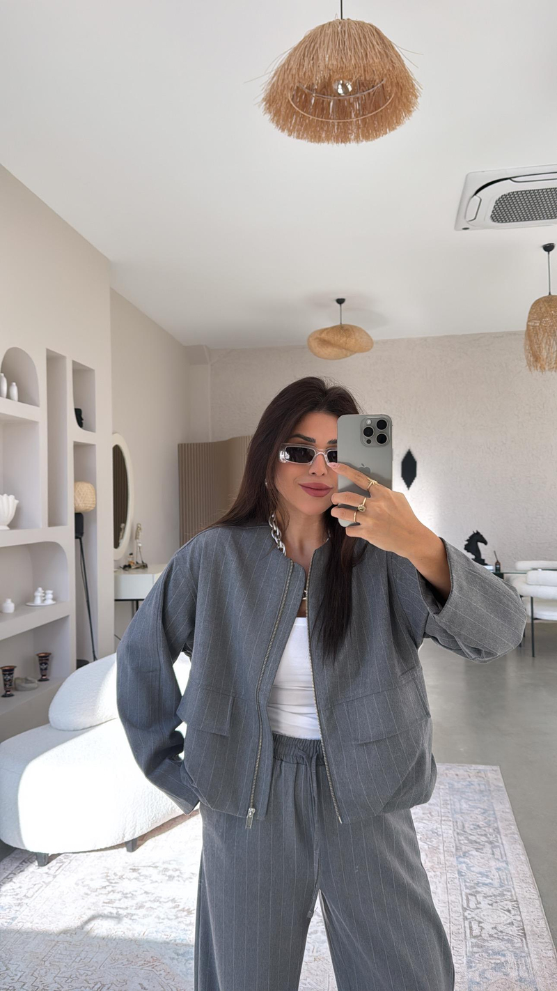 Gri Çizgili Kumaş Pantolon Ceket Takım