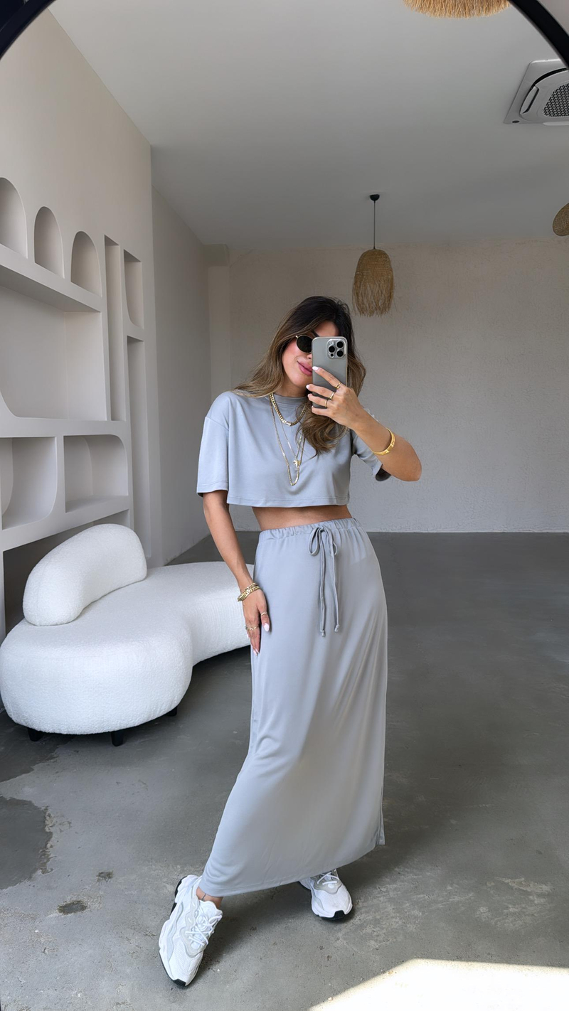 Gri Crop Tshirt Etek Takım