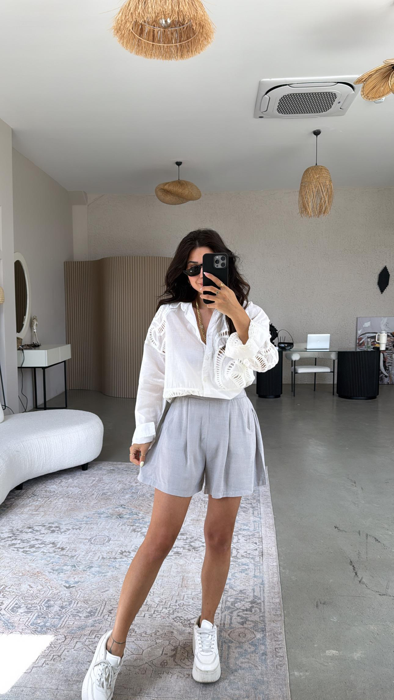 Gri Keten Basic Şort 