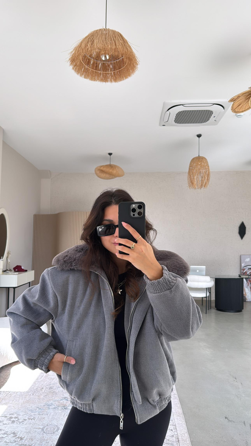 Gri Kürklü Fermuarlı Premium Kaşe Ceket