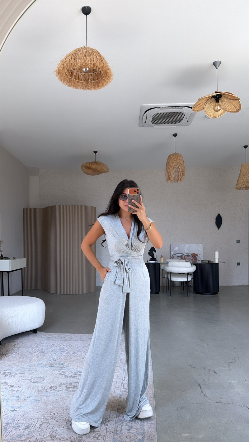 Gri Melanj Derin V Yaka İnce Kumaşlı Tulum