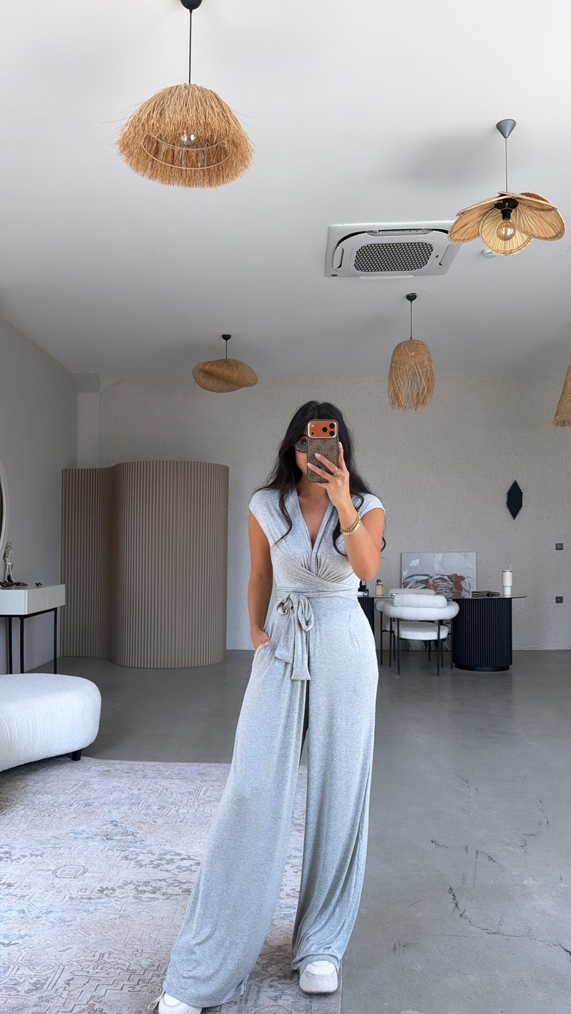 Gri Melanj Derin V Yaka İnce Kumaşlı Tulum
