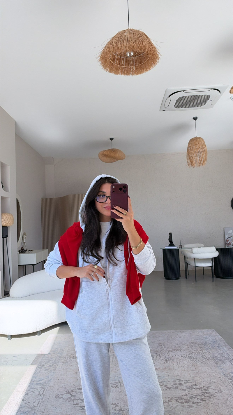 Gri Melanj Fermuarlı Cepli Modal Hoodie