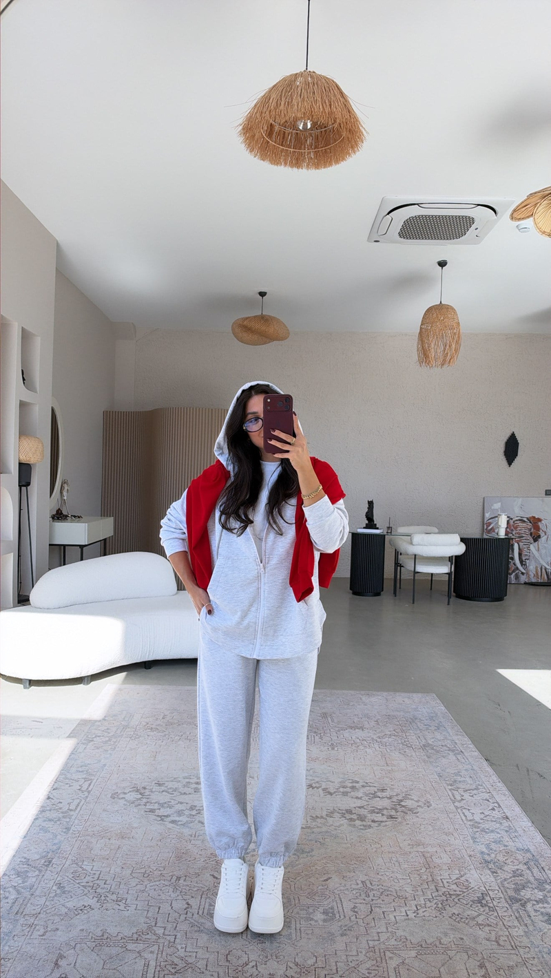 Gri Melanj Fermuarlı Cepli Modal Hoodie