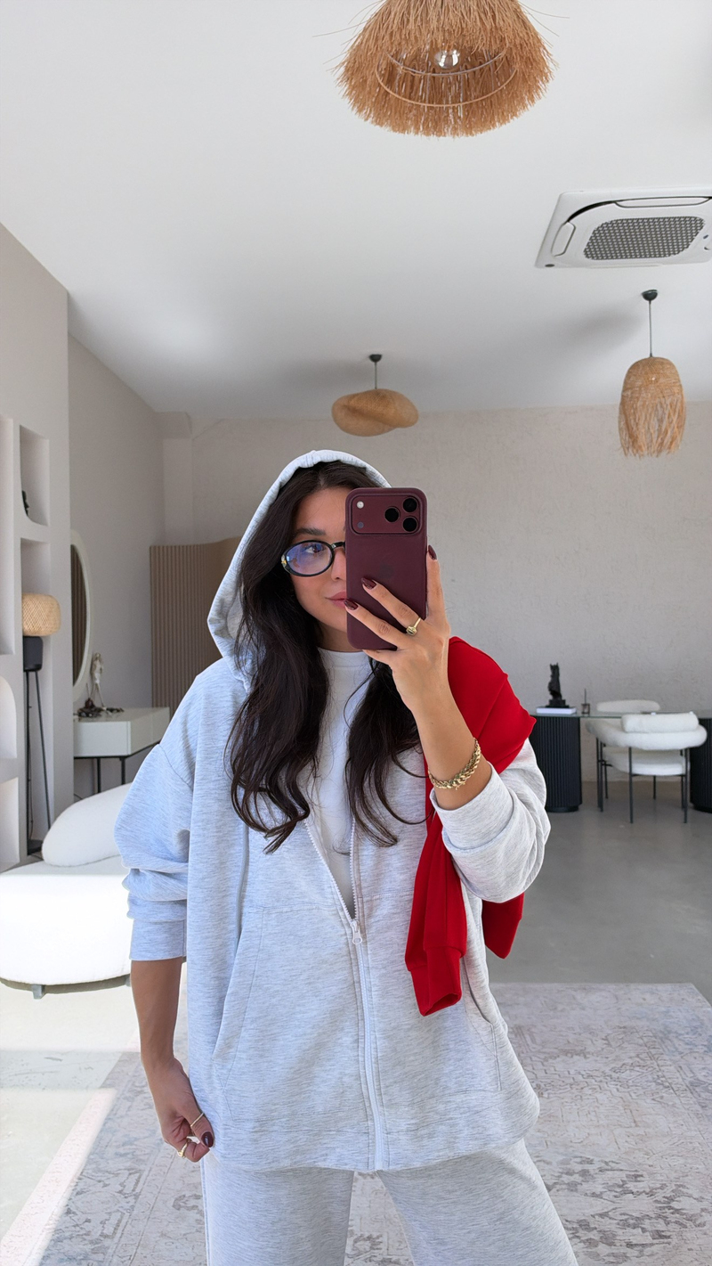 Gri Melanj Fermuarlı Cepli Modal Hoodie