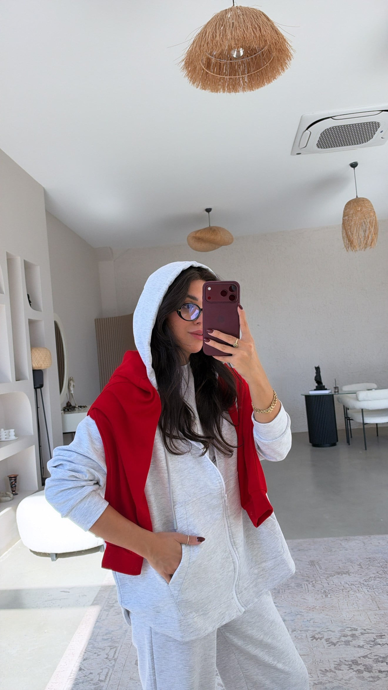Gri Melanj Fermuarlı Cepli Modal Hoodie