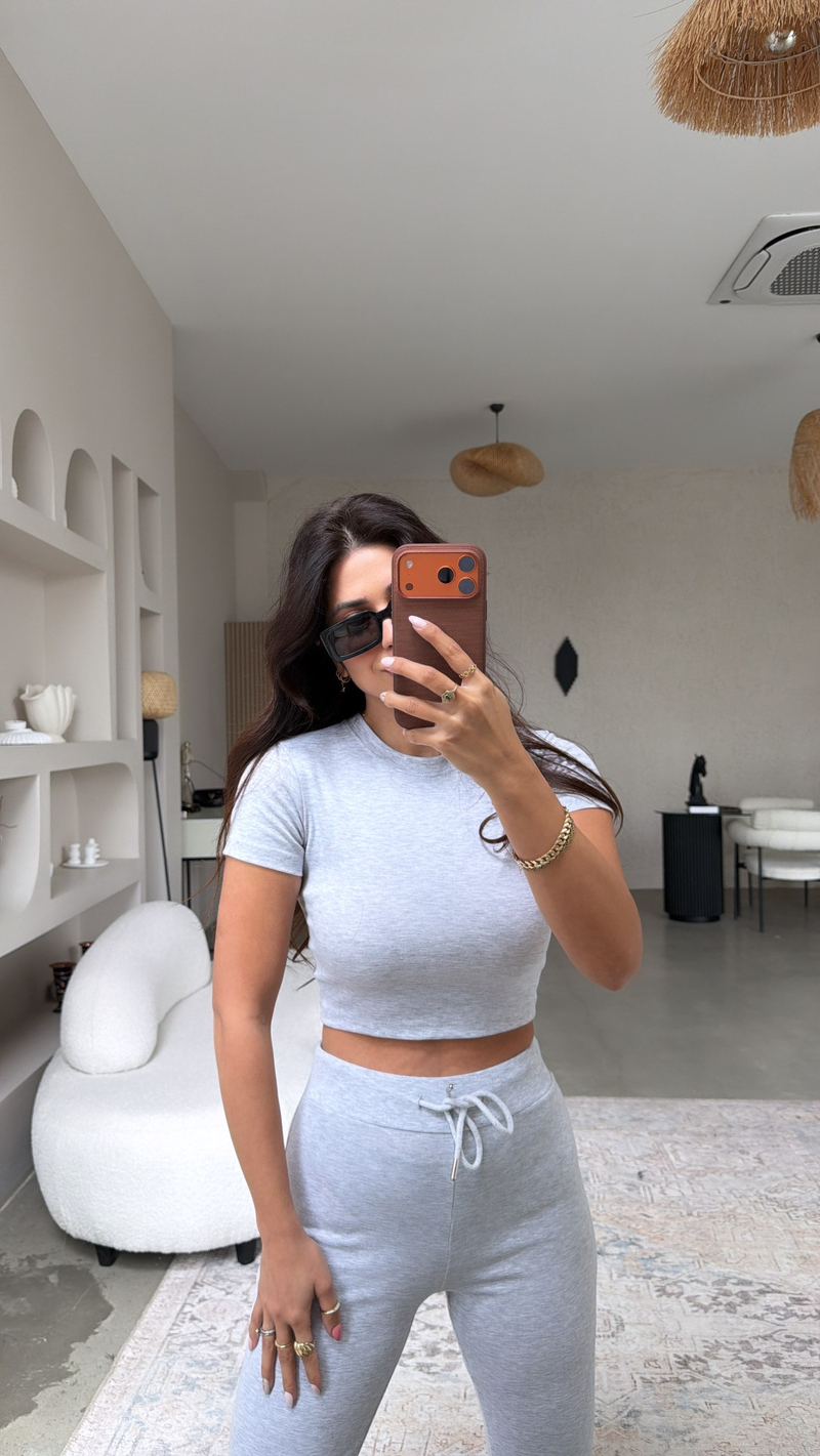Gri Melanj Pamuklu Tayt Crop Takım