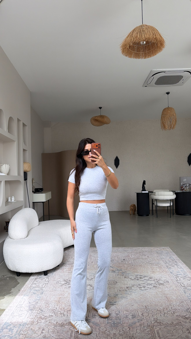 Gri Melanj Pamuklu Tayt Crop Takım
