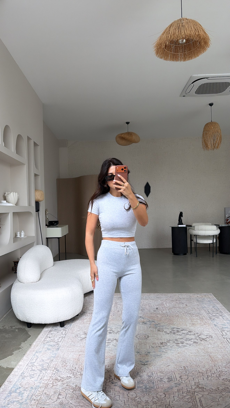 Gri Melanj Pamuklu Tayt Crop Takım