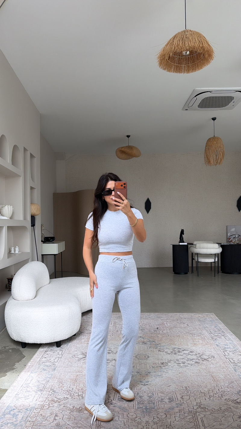 Gri Melanj Pamuklu Tayt Crop Takım