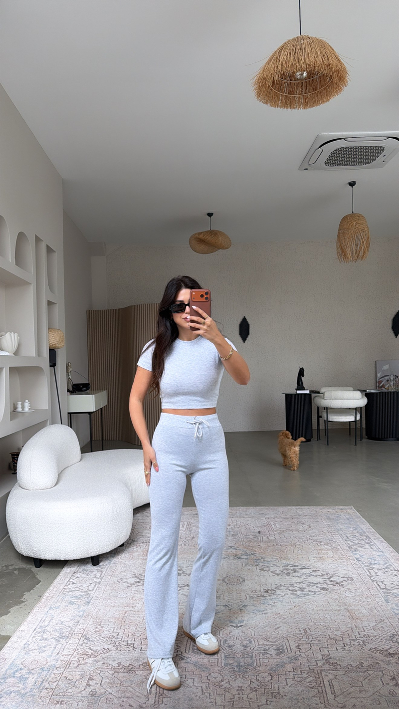 Gri Melanj Pamuklu Tayt Crop Takım