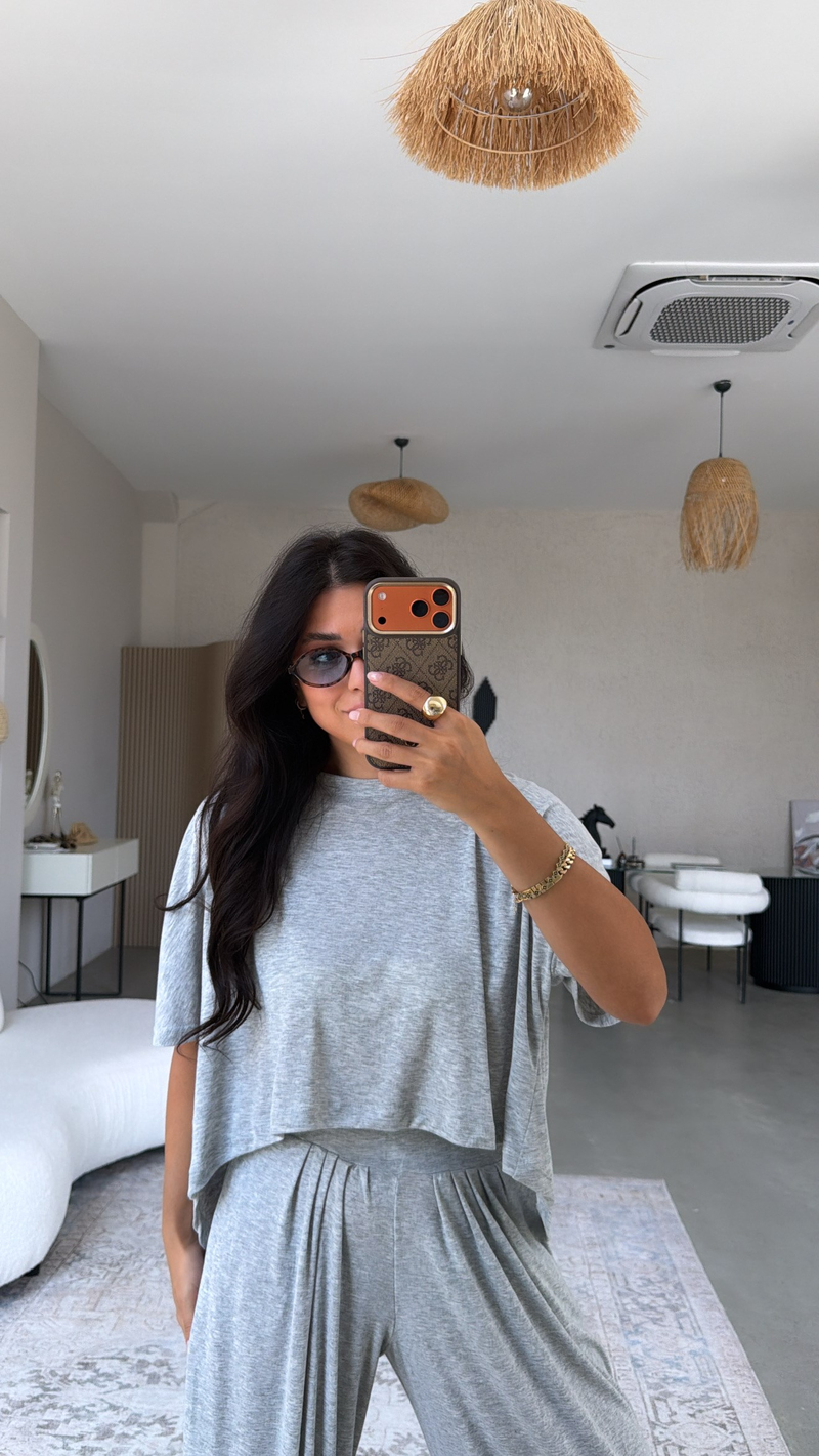 Gri Melanj Ribana Salaş Tshirt Şalvar Takım