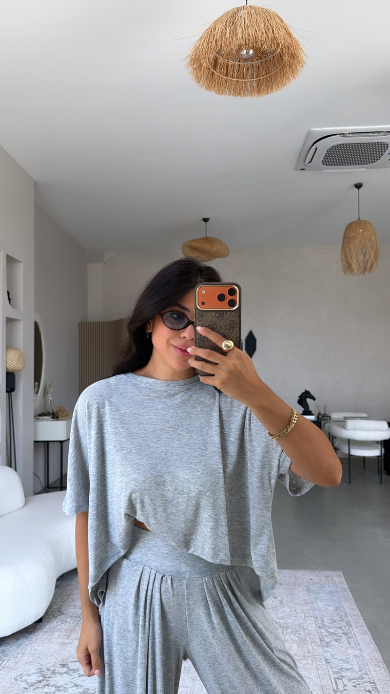 Gri Melanj Ribana Salaş Tshirt Şalvar Takım
