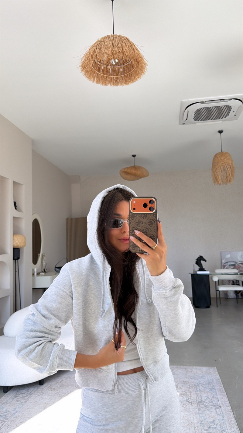 Gri Melanj Üç İplik Fermuarlı Crop Hoodie