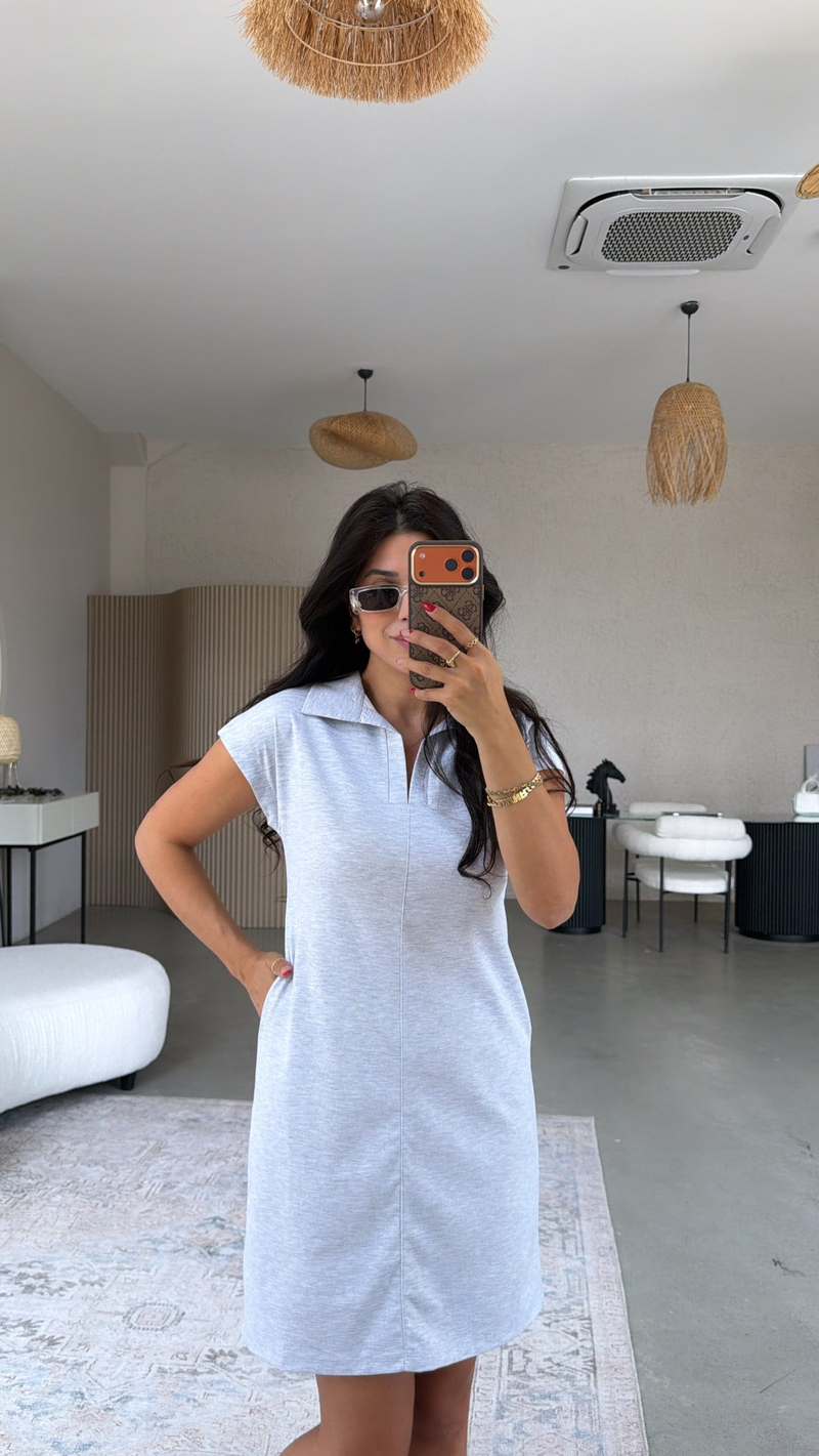 Gri Melanj Yakalı Önü Çımalı Cepli Basic Elbise