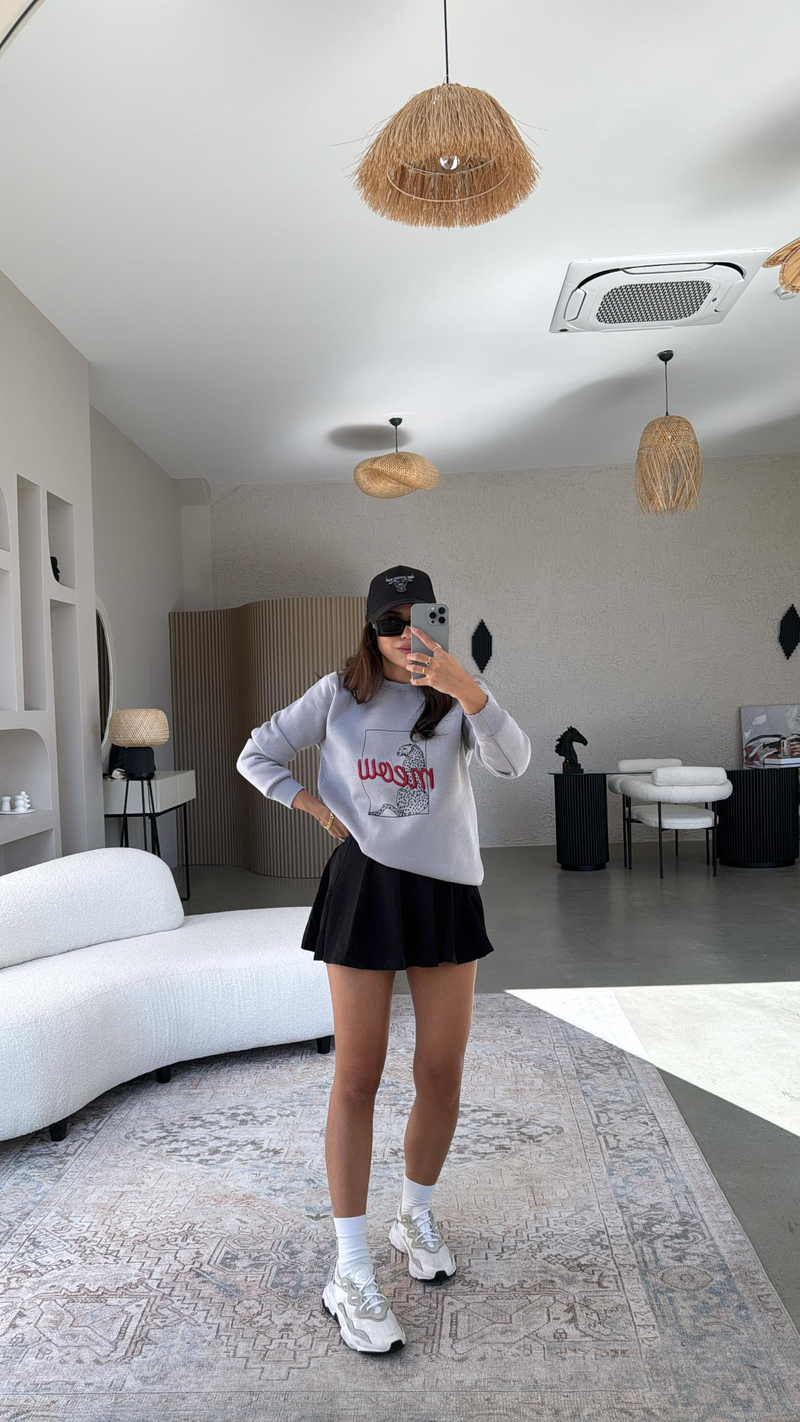 Gri Meow Baskılı Sweatshirt