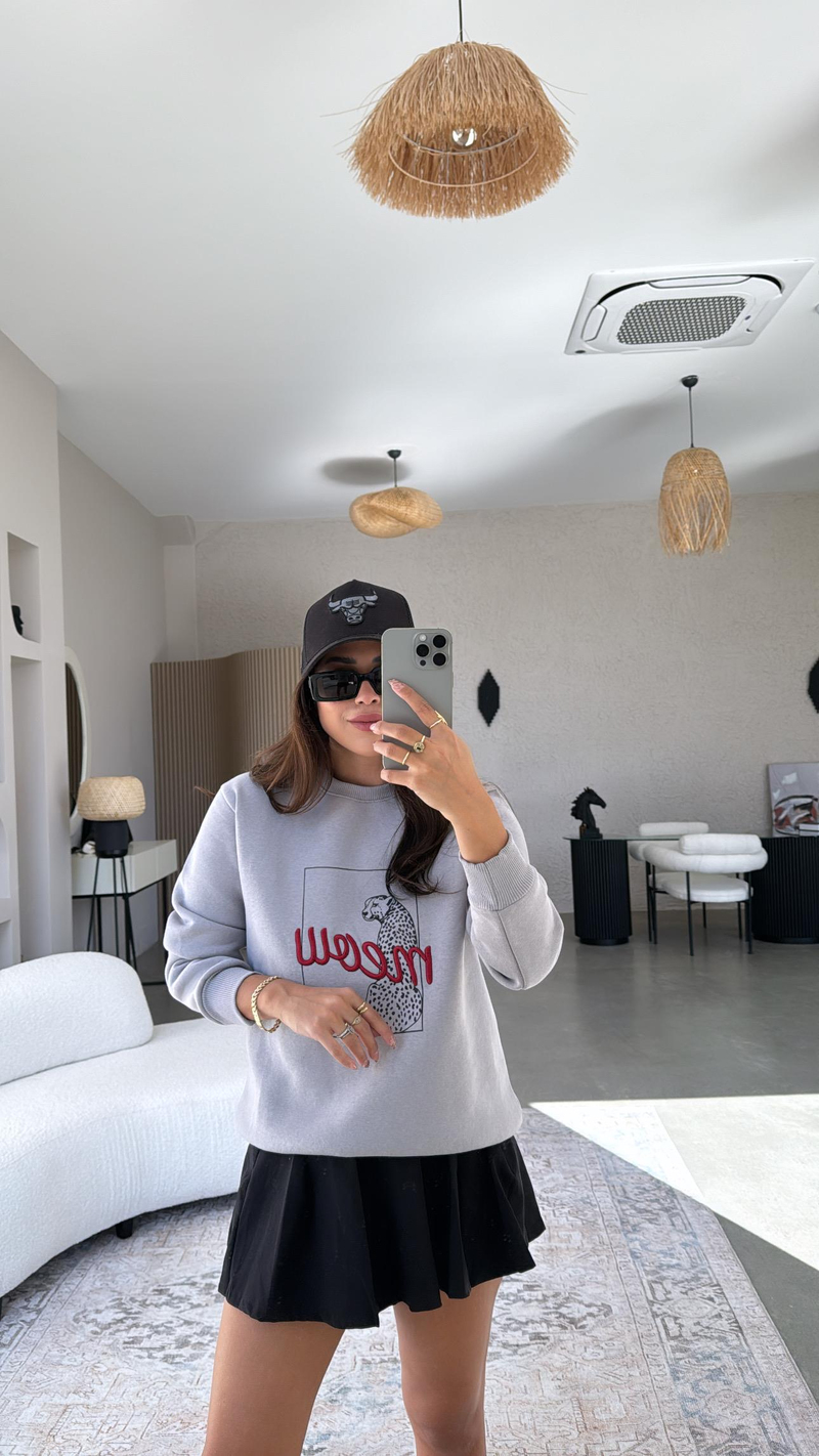 Gri Meow Baskılı Sweatshirt