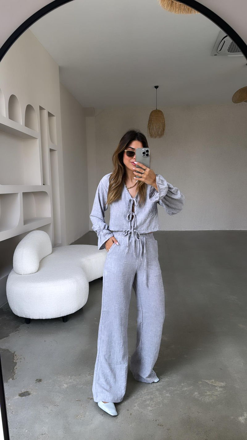 Gri Önden Bağlamalı Keten Takım