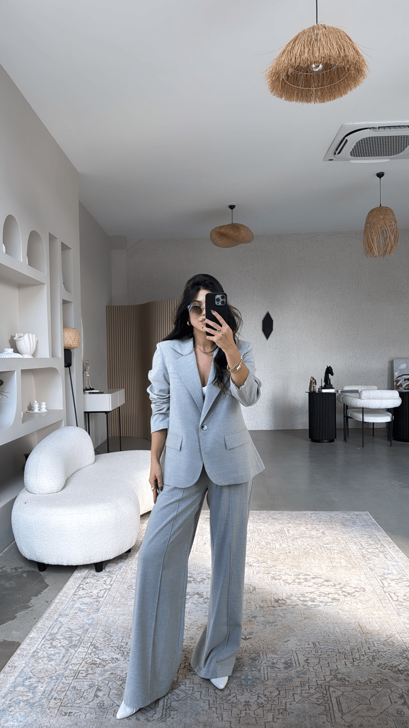 Gri Premium Gömlek Detaylı Ceket Pantolon Takım