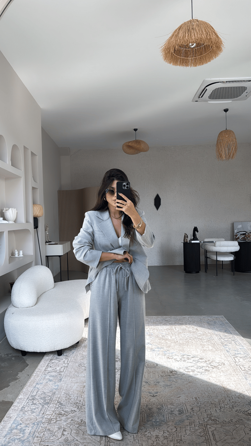 Gri Premium Gömlek Detaylı Ceket Pantolon Takım