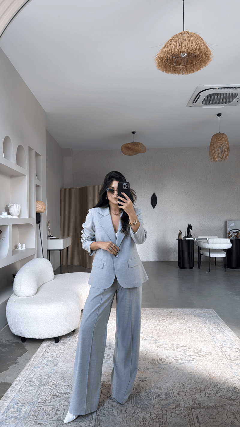 Gri Premium Gömlek Detaylı Ceket Pantolon Takım