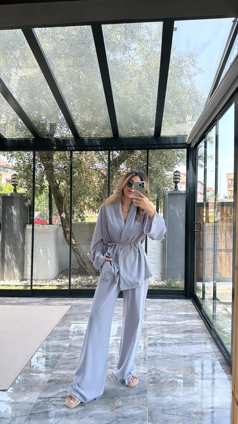 Gri Şal Yaka Kimono Takım