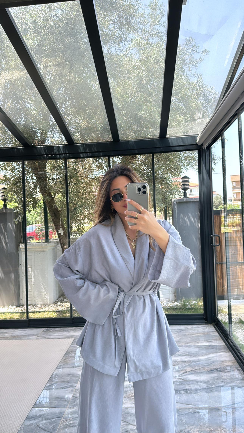 Gri Şal Yaka Kimono Takım
