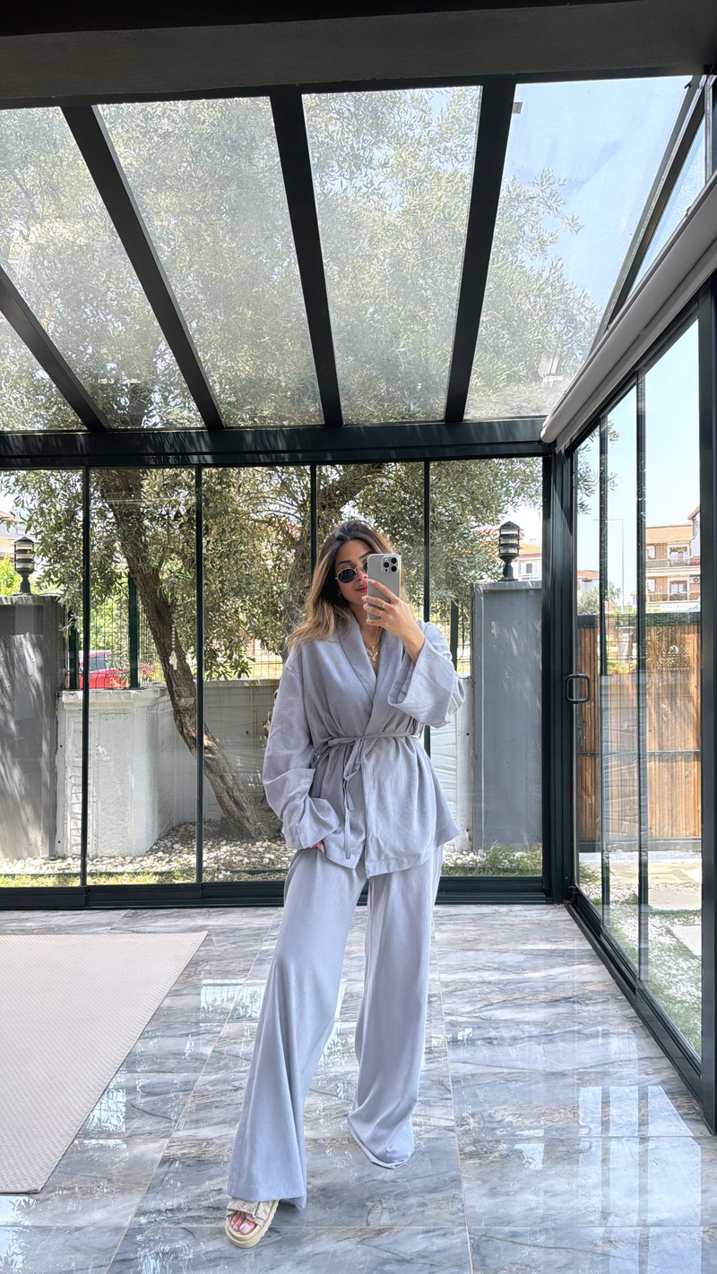 Gri Şal Yaka Kimono Takım