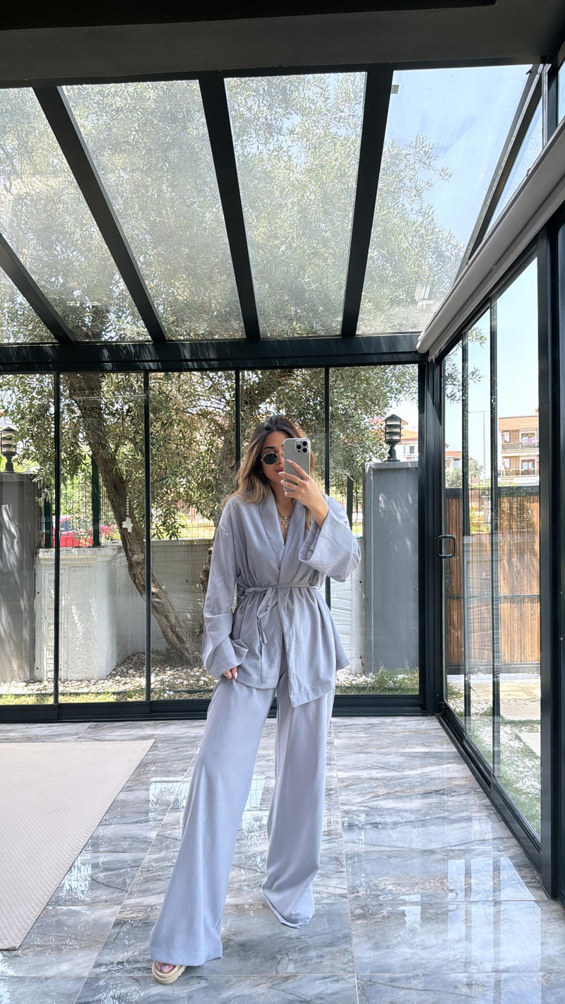 Gri Şal Yaka Kimono Takım