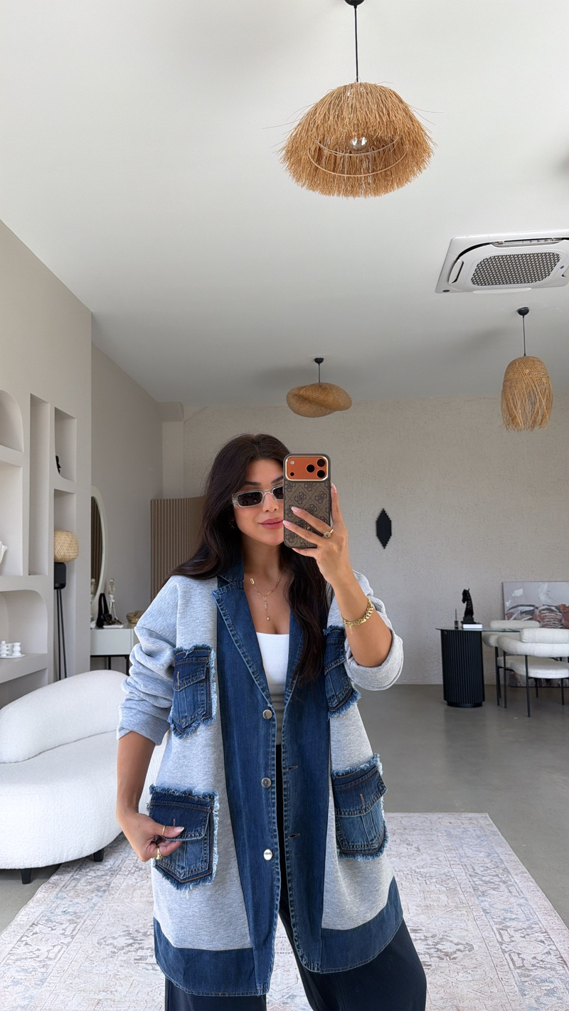Gri Şardonlu Denim Detaylı Salaş Premium Ceket