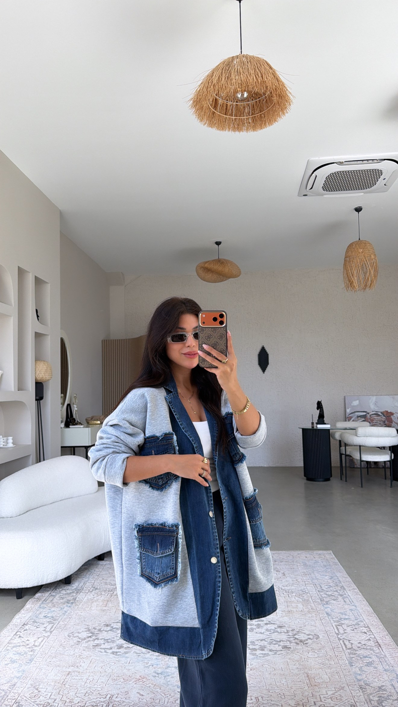 Gri Şardonlu Denim Detaylı Salaş Premium Ceket