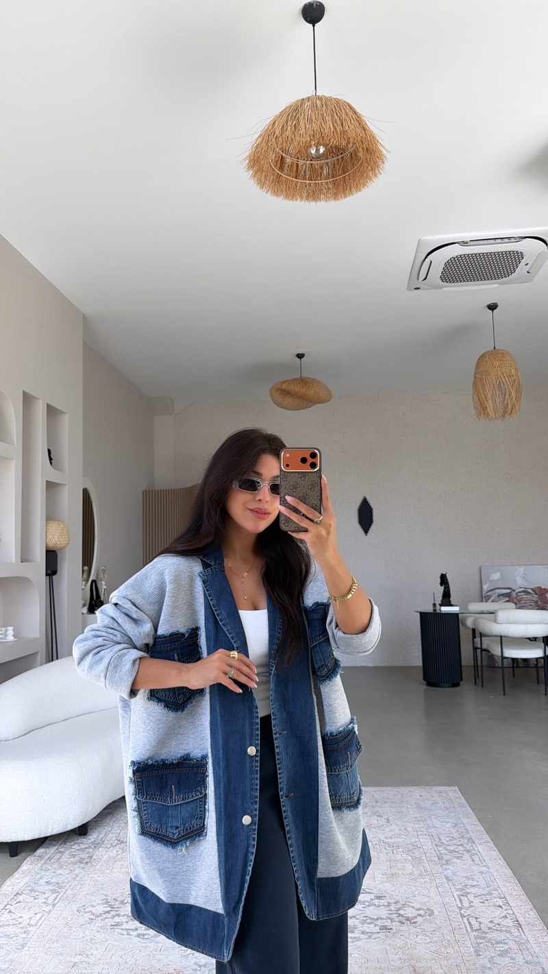 Gri Şardonlu Denim Detaylı Salaş Premium Ceket