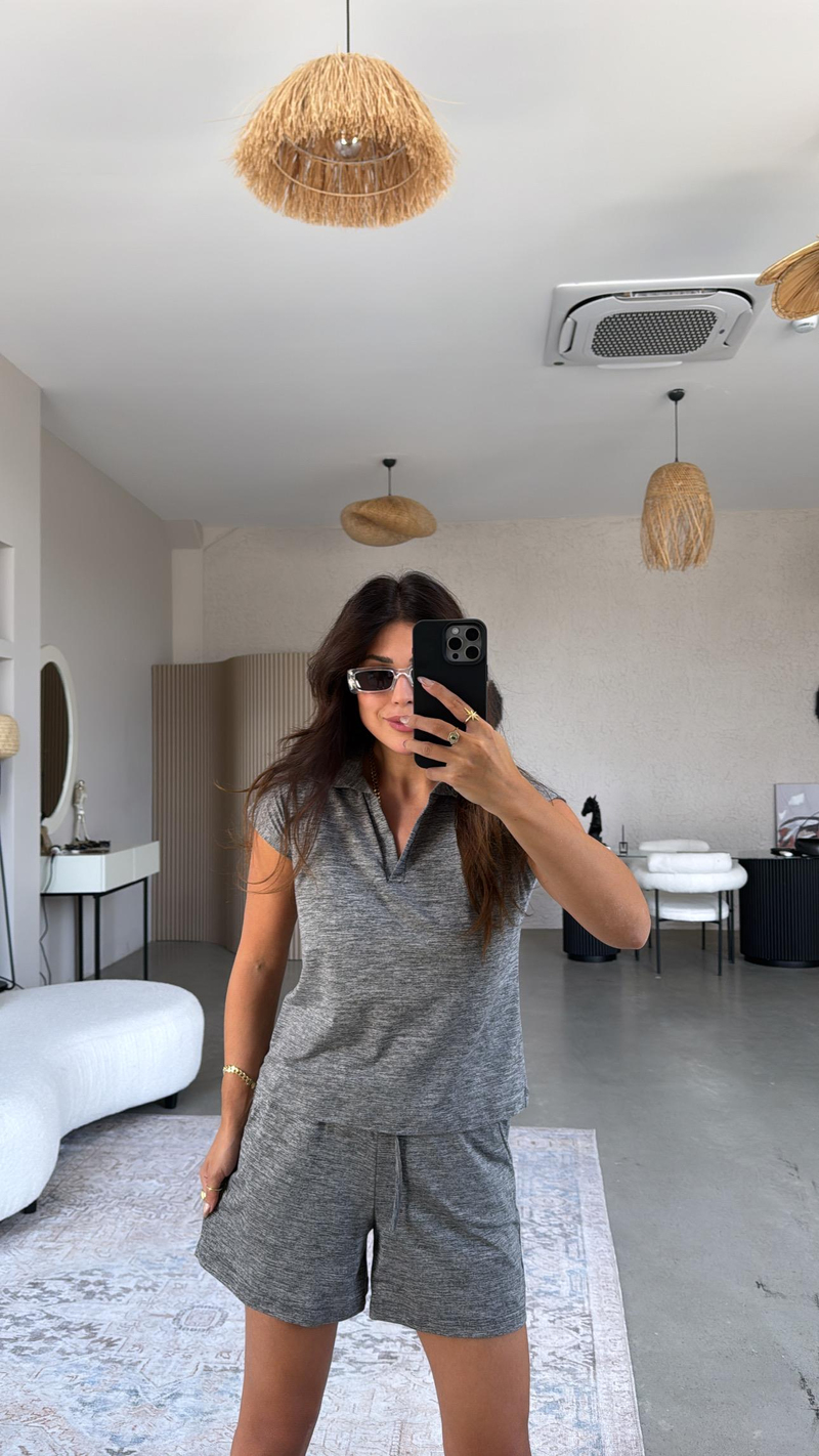 Gri Şortlu Polo Yaka Tshirt Takım