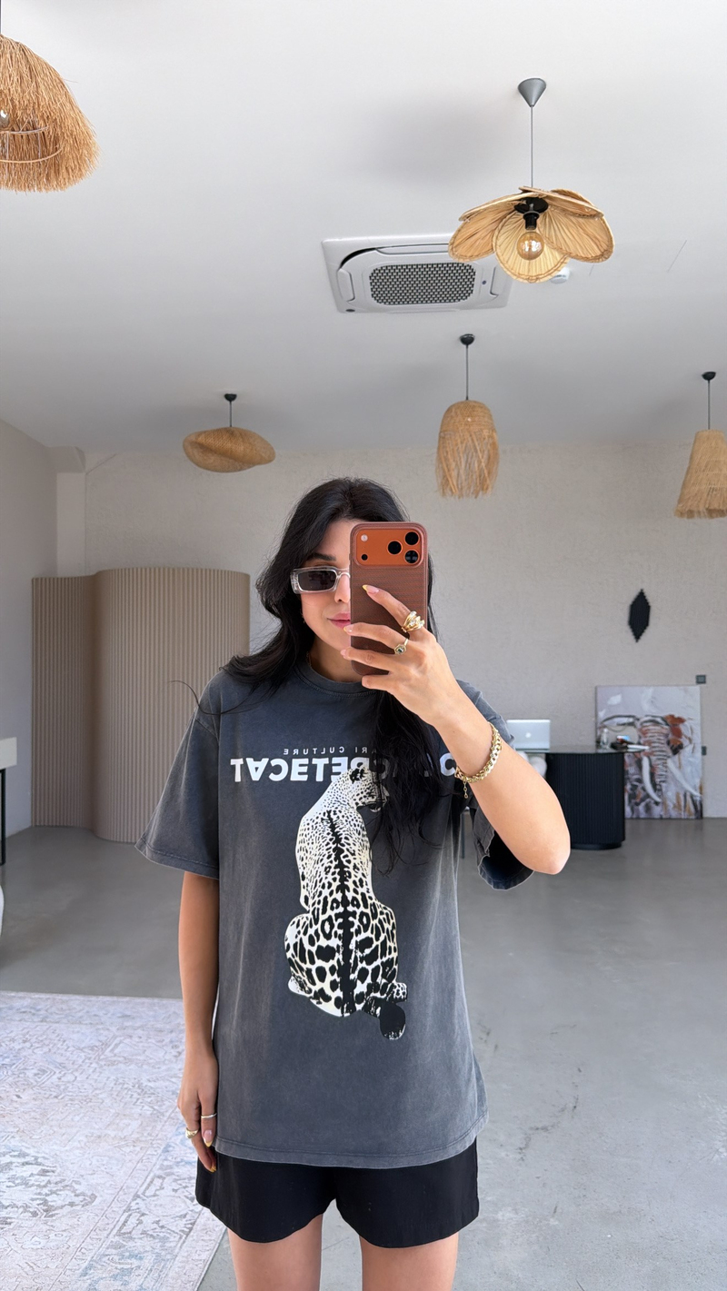 Gri Yıkamalı Animal Baskılı Tshirt