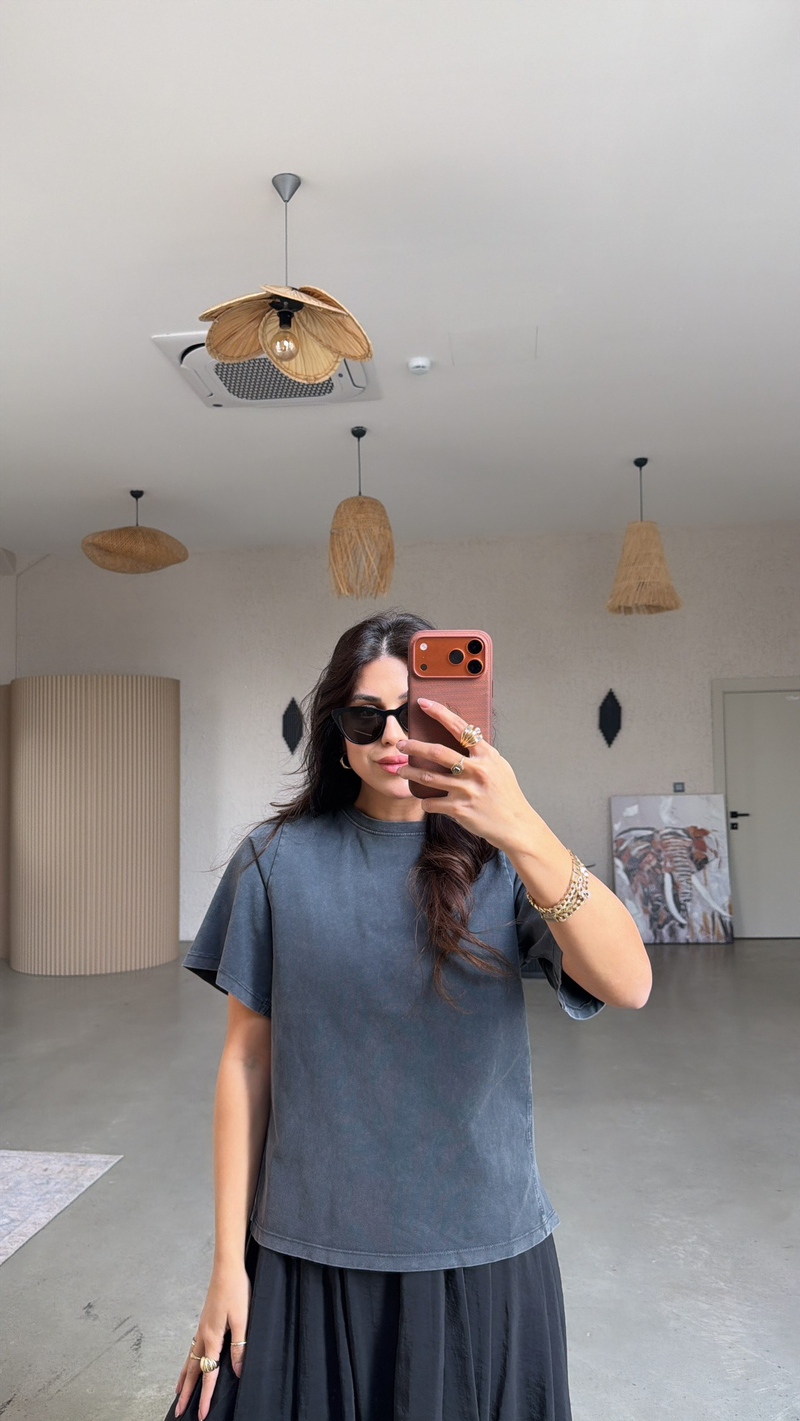 Gri Yıkamalı Basic Kısa Kollu Tshirt