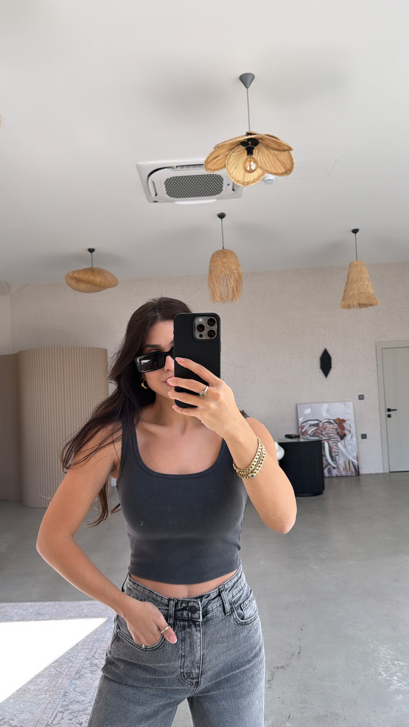 Gri Yıkamalı Crop Fitilli Pamuk Atlet