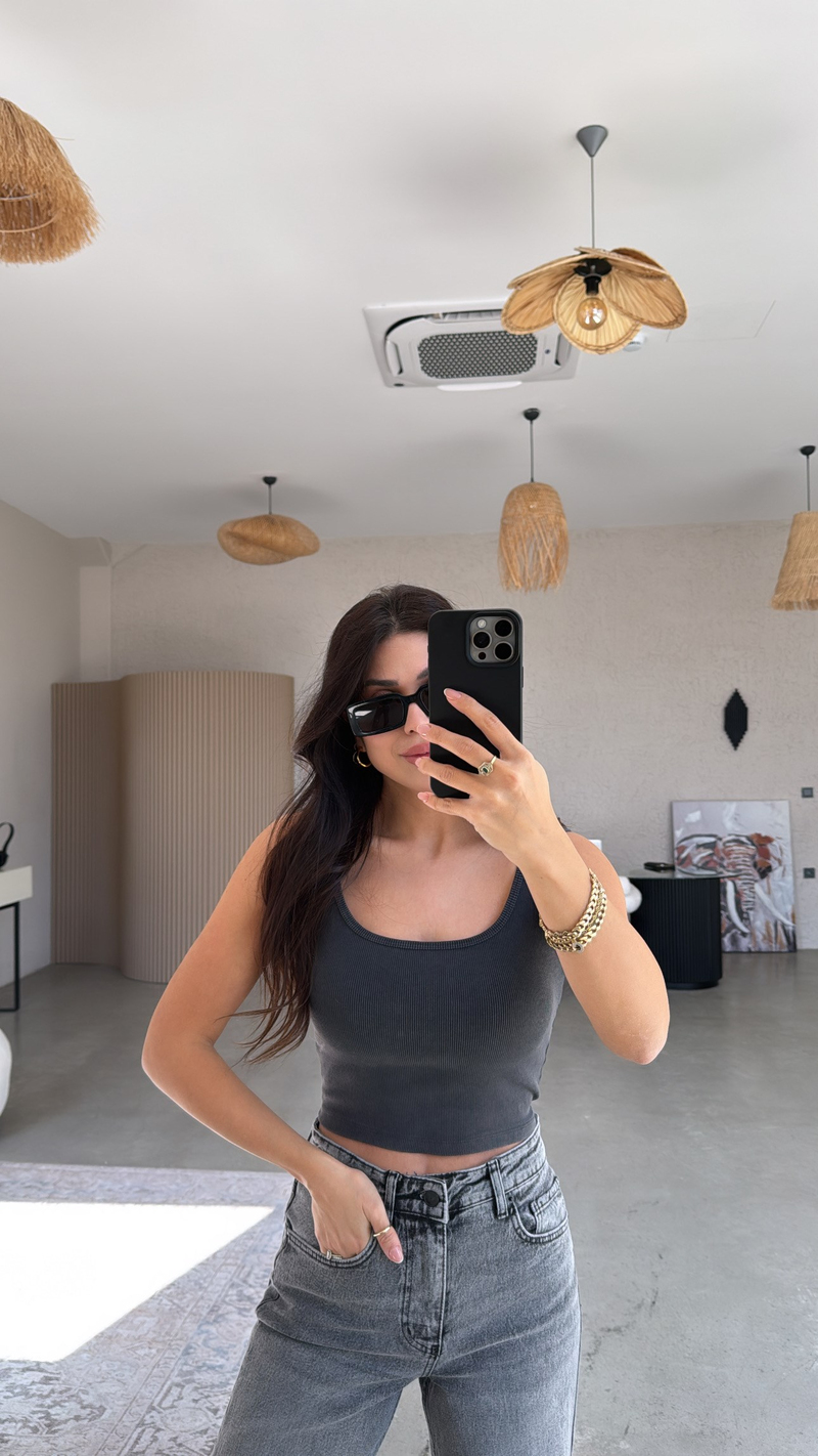 Gri Yıkamalı Crop Fitilli Pamuk Atlet