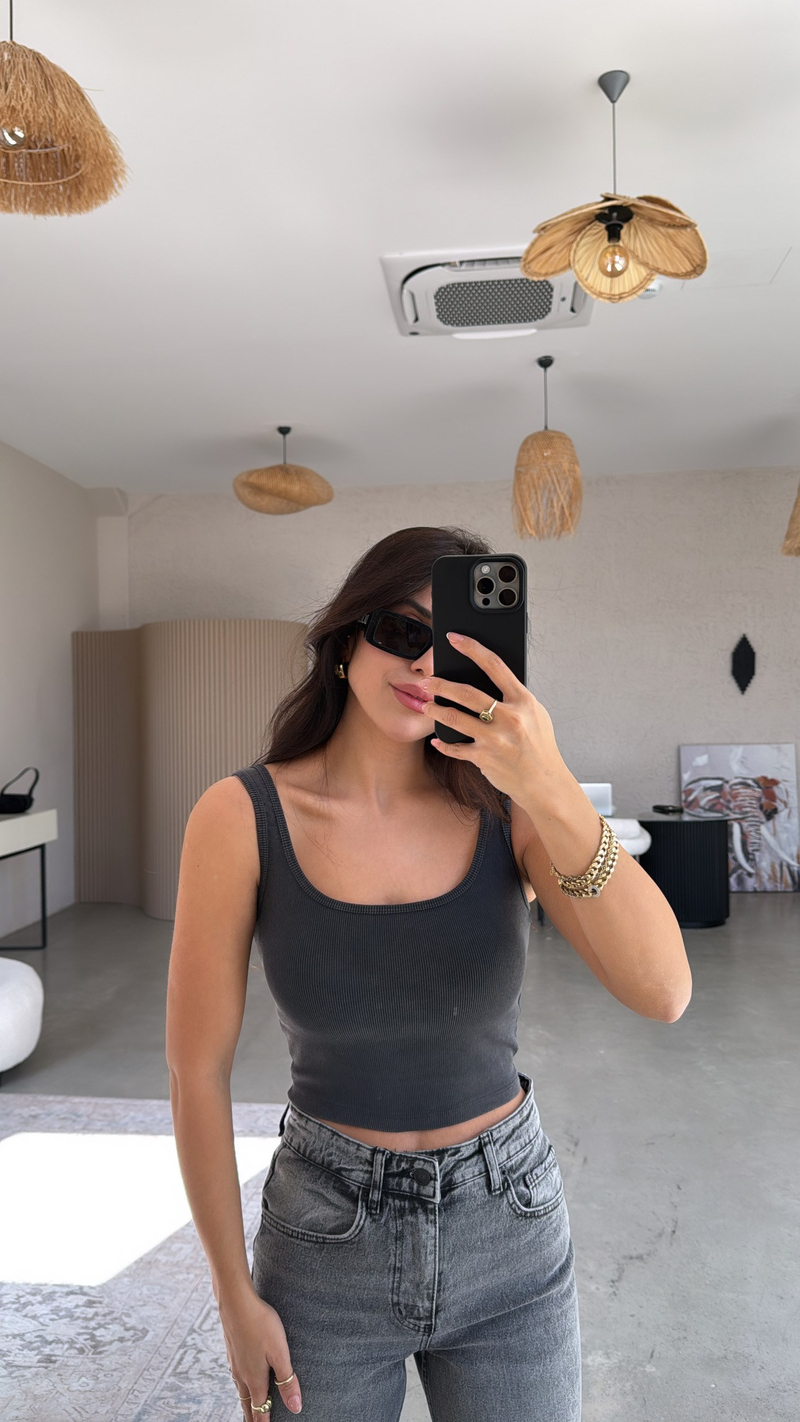Gri Yıkamalı Crop Fitilli Pamuk Atlet