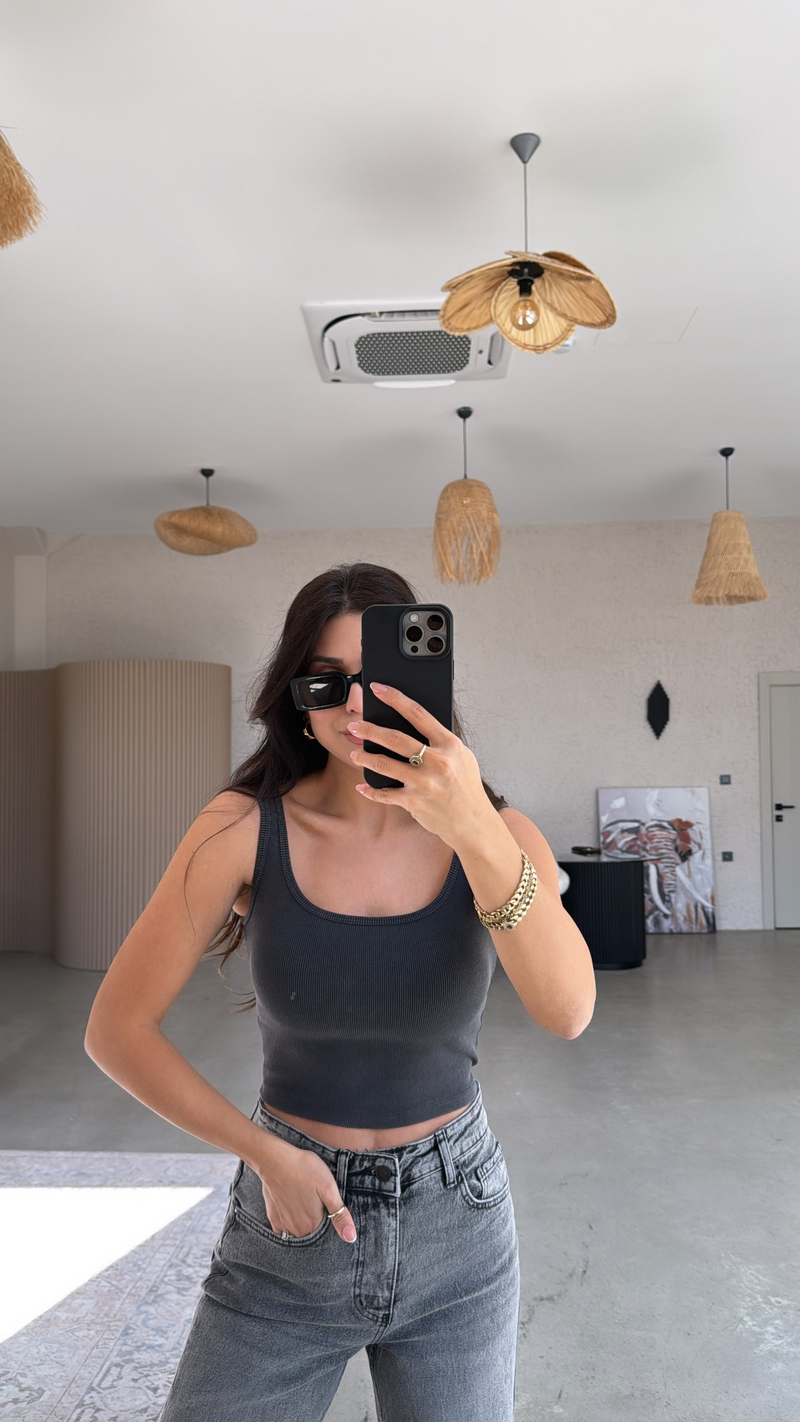 Gri Yıkamalı Crop Fitilli Pamuk Atlet