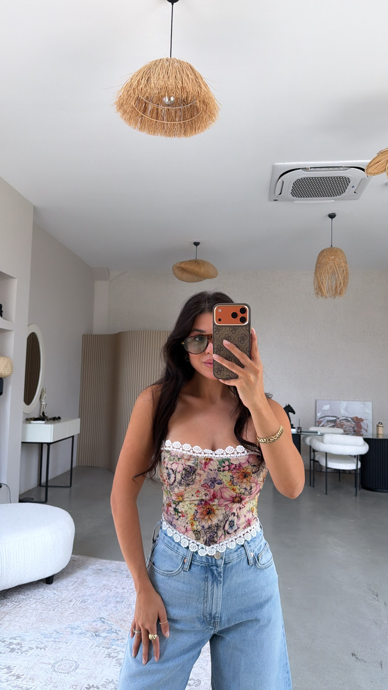 Gülkurusu Çiçekli Güpürlü Büstiyer