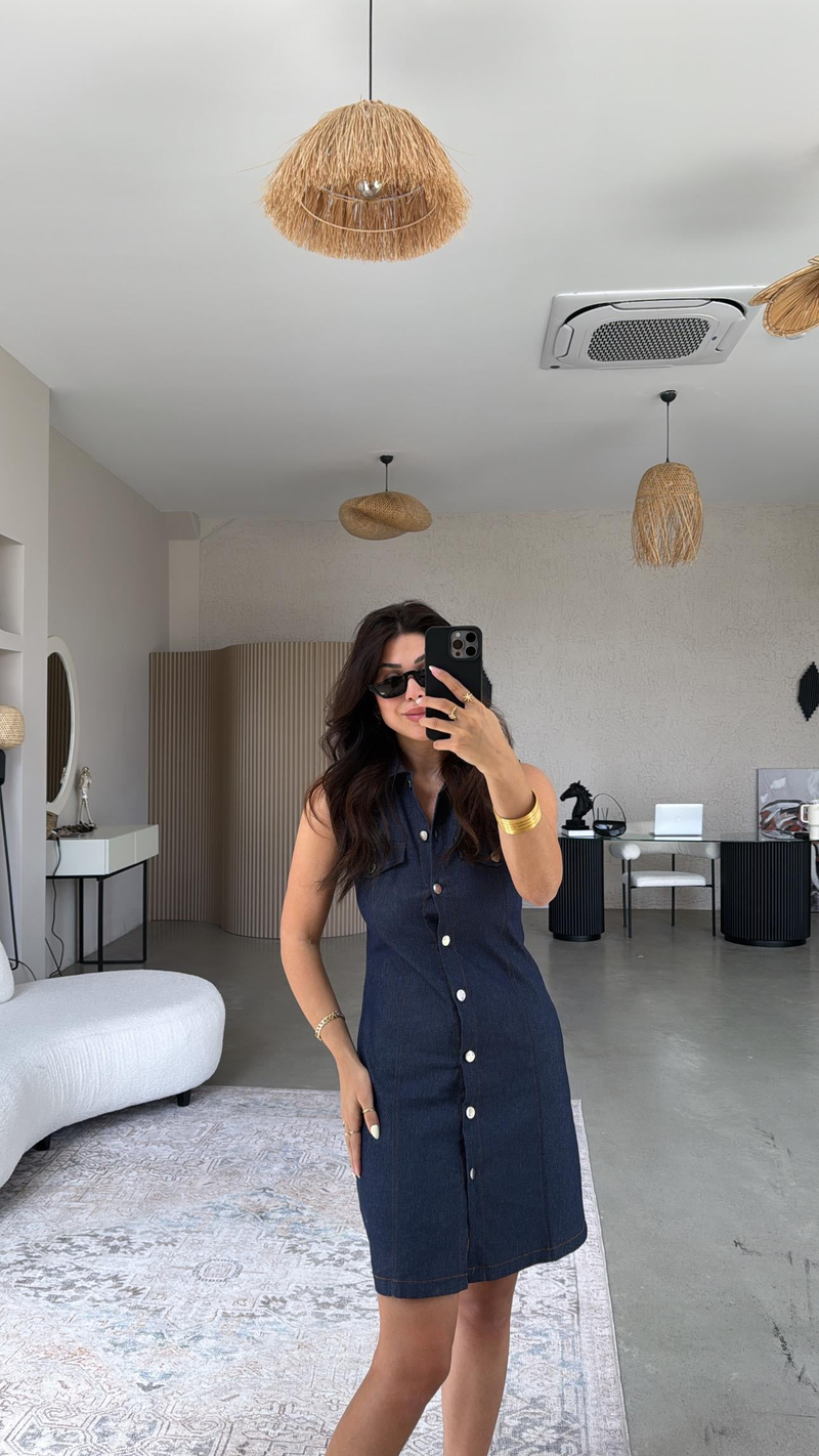 Gümüş Düğmeli Likralı Yakalı Denim Elbise