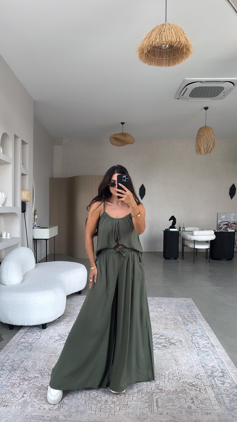 Haki Askılı Bluz Salaş Pantolon Takım