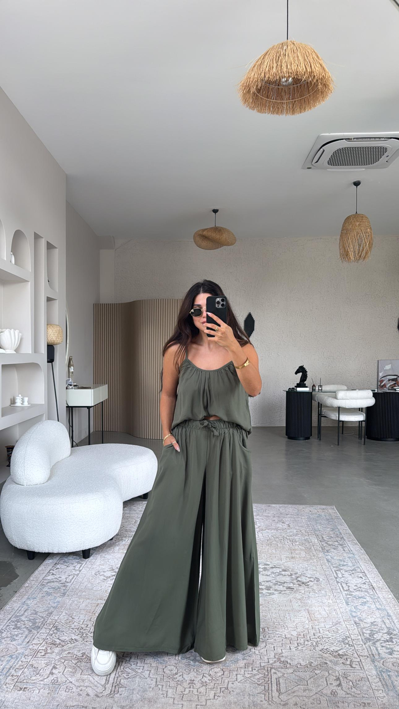 Haki Askılı Bluz Salaş Pantolon Takım