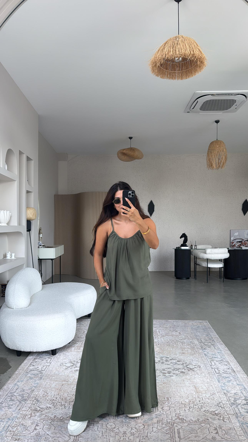Haki Askılı Bluz Salaş Pantolon Takım
