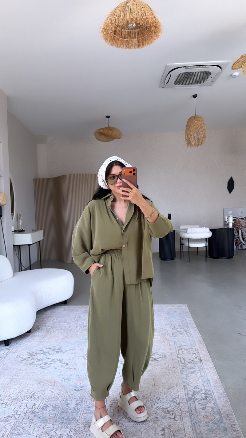 Haki Baggy Pantolon Gömlek Tensel Takım