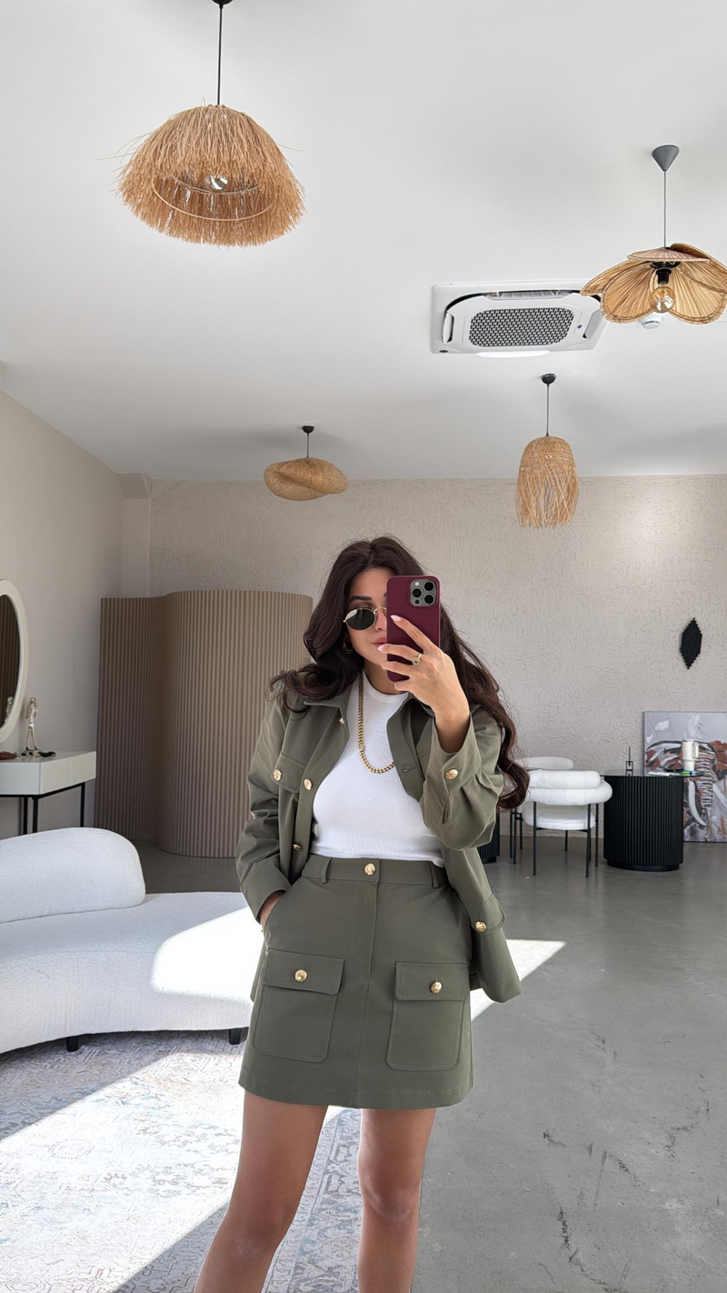 Haki Gold Düğmeli Premium Etek Ceket Takım