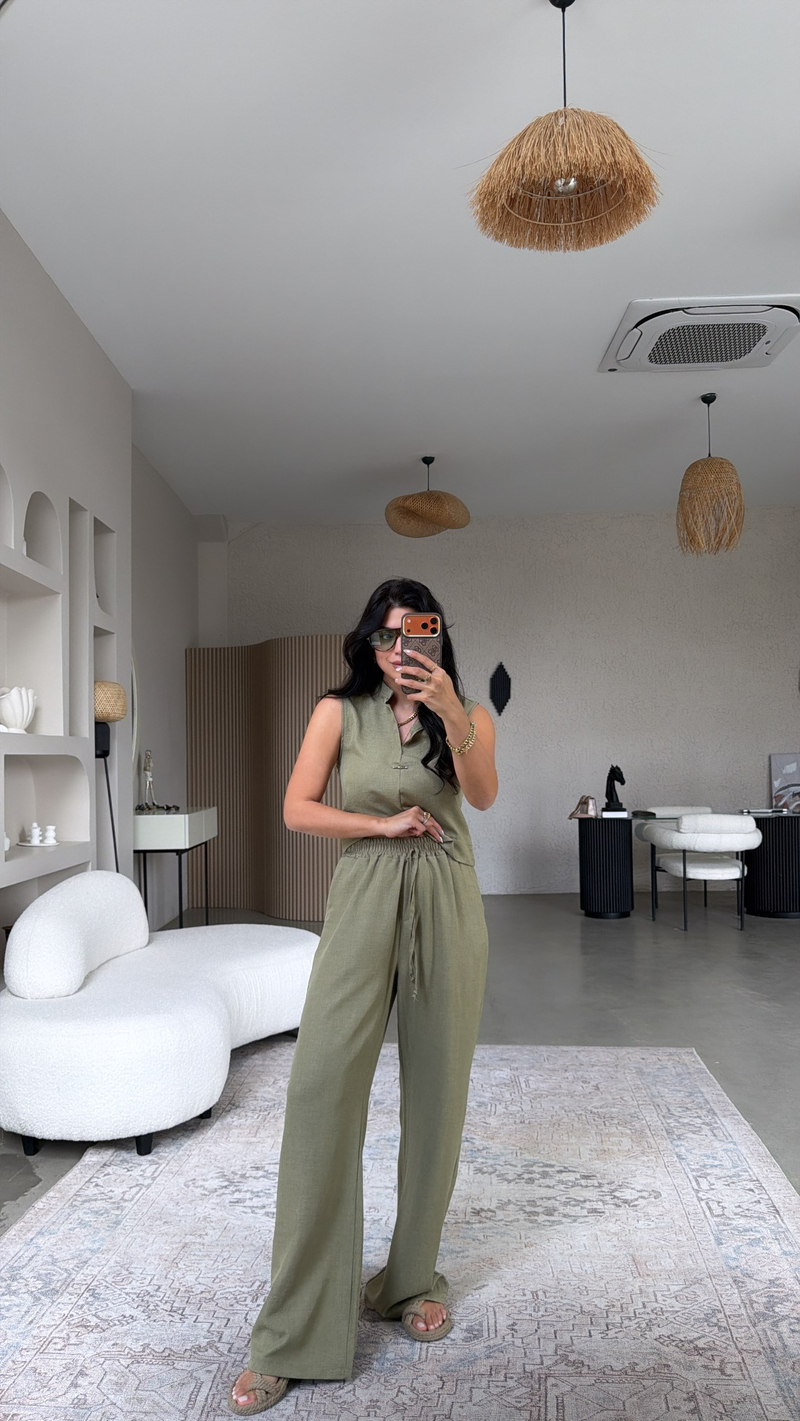 Haki Gümüş Aksesuarlı Pantolon Bluz Takım