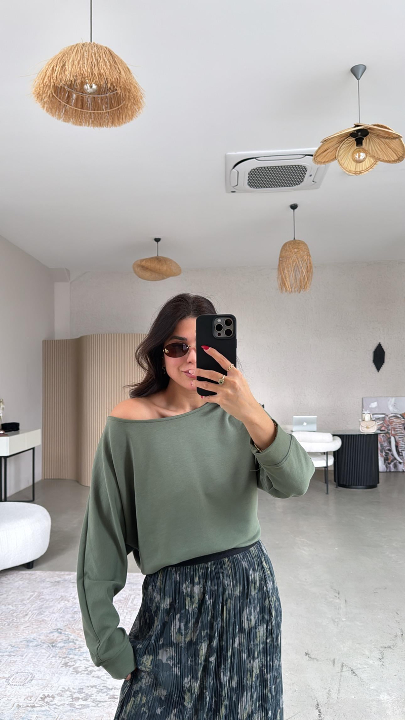 Haki Kayık Yaka Modal Sweat Bluz