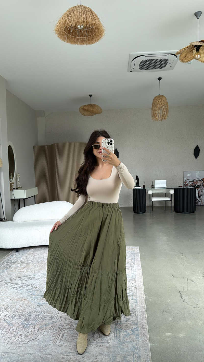 Haki Kırışık Dokuma Modal Etek