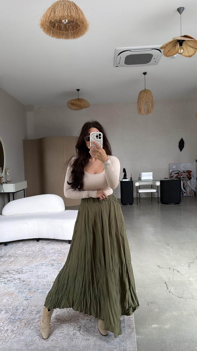 Haki Kırışık Dokuma Modal Etek